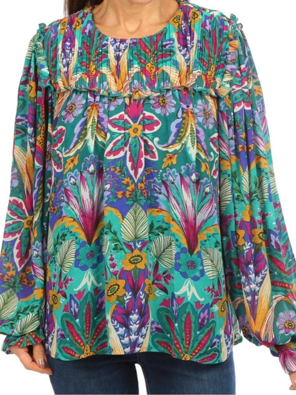 Nicole Miller Floral Flat Pleated Abbie Chiffon Top
